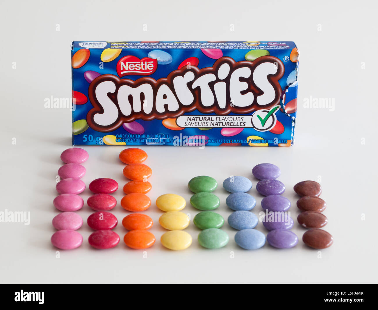 A box of colourful Smarties candy, manufactured by Nestlé Stock Photo ...