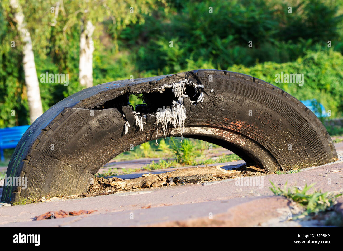 Damaged tire after tire explosion at high speed on highway Stock Photo