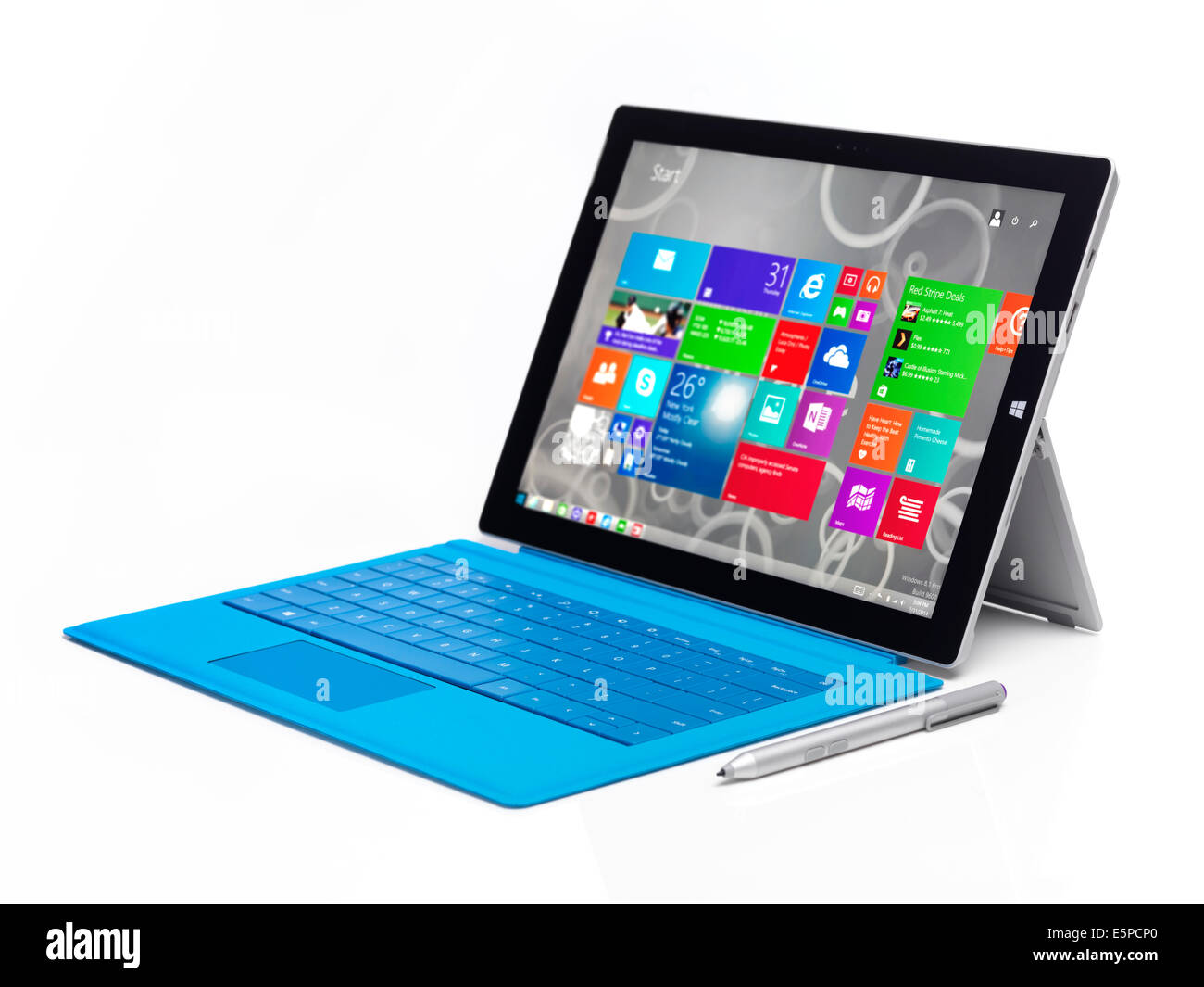 Microsoft Surface Pro 3 tablet computer with Windows 8 start screen on its display isolated on white background Stock Photo
