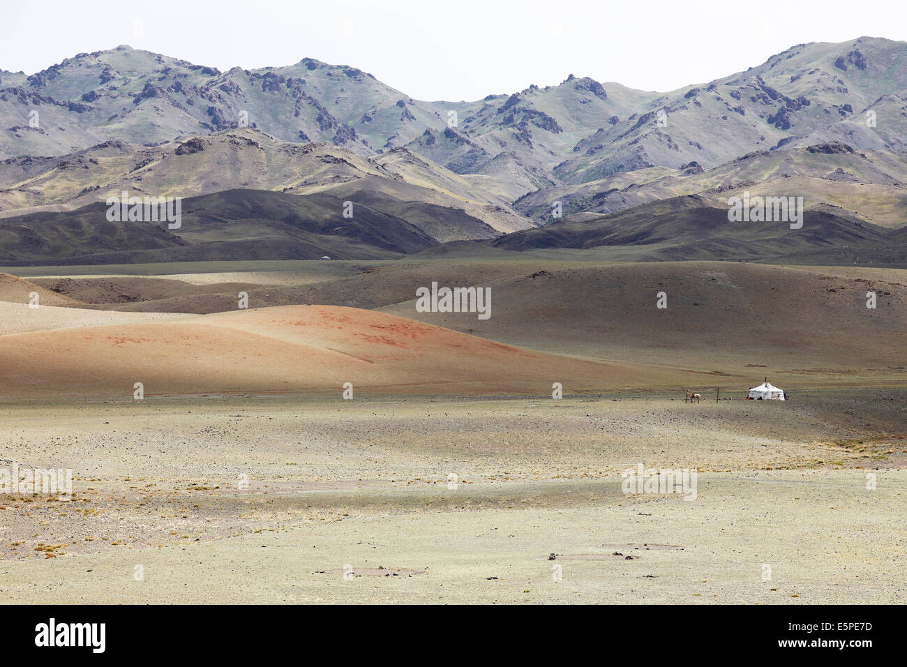 Solitary Yurt, mountains at the back, Gobi Desert, South Gobi, Ömnögovi Province, Mongolia Stock Photo