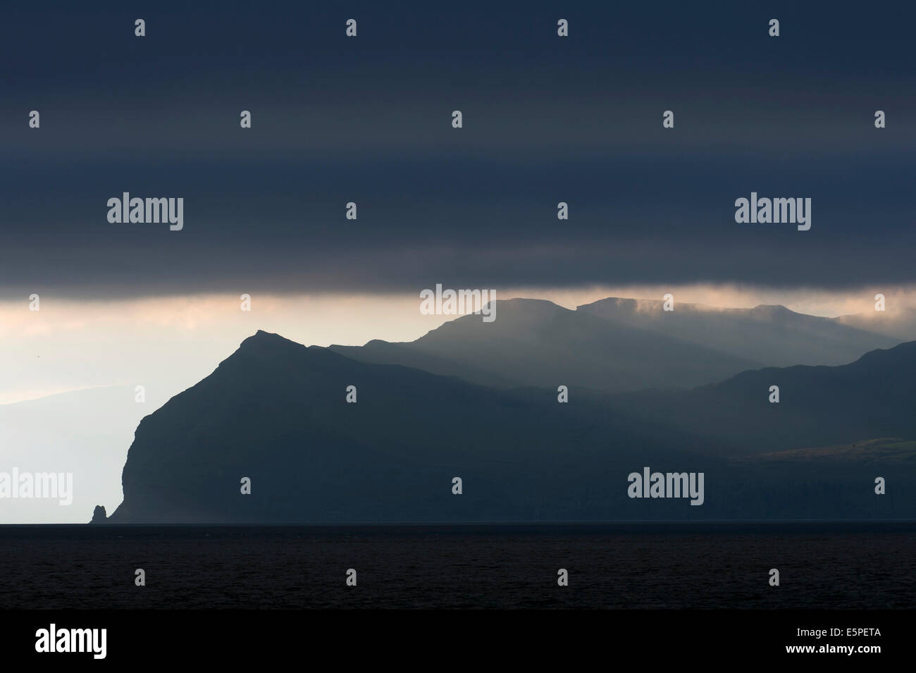 Atmospheric clouds, ferry passage from Gamlarætt, Streymoy, to Skopun, Sandoy, Faroe Islands, Denmark Stock Photo