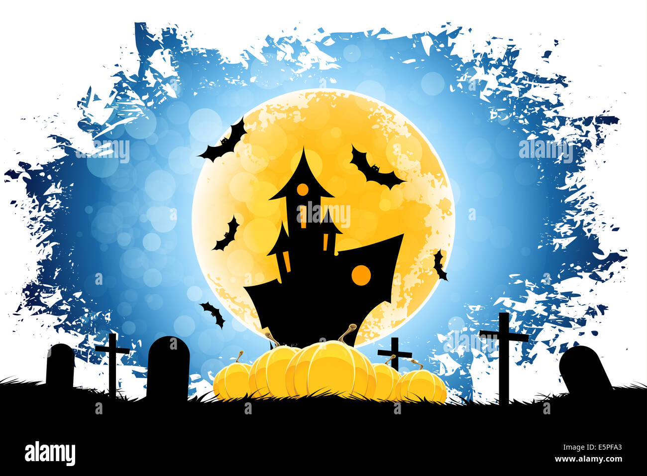 Grungy Halloween Background with Moon, Pumpkins and Haunted House Stock ...