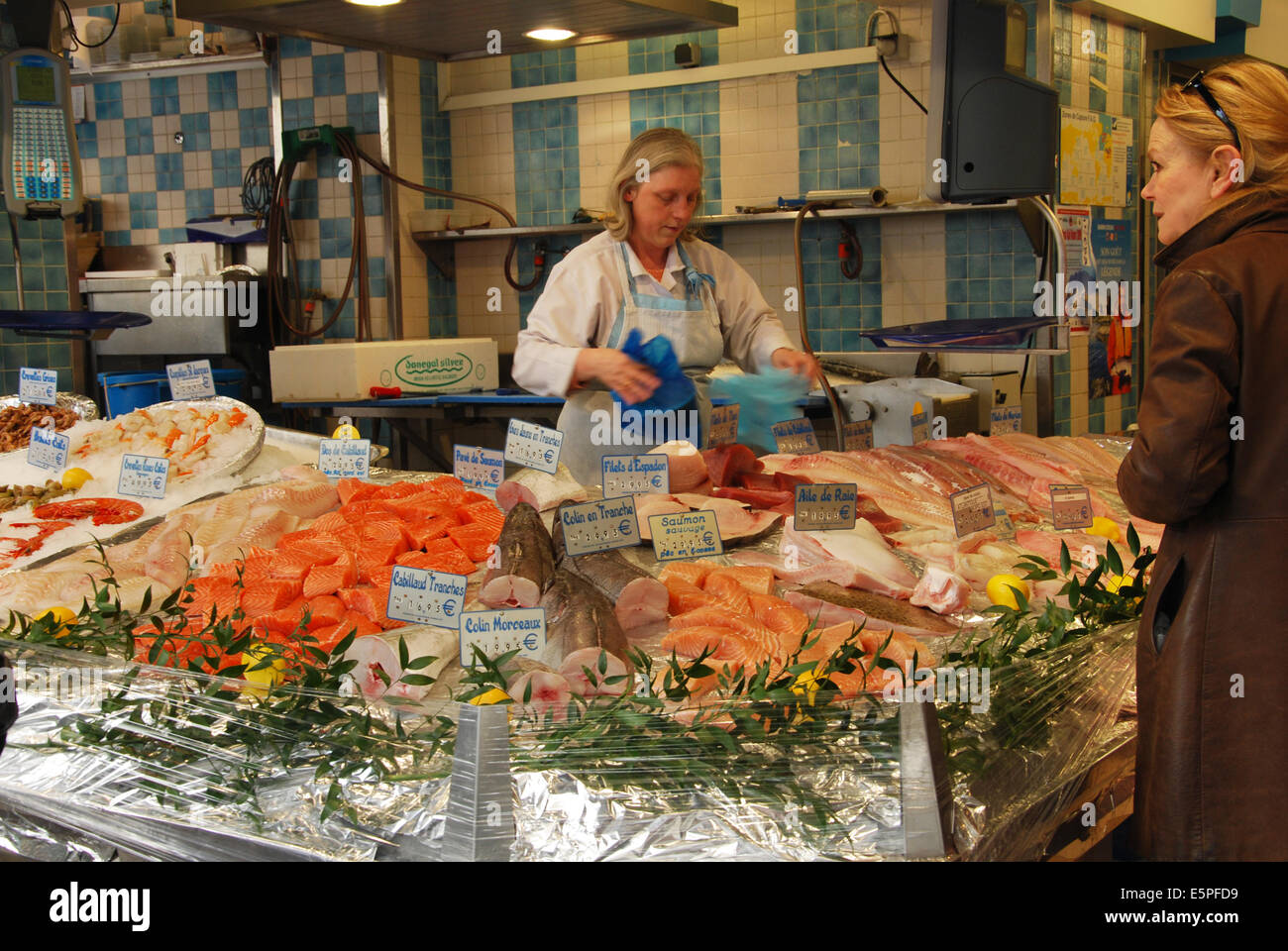 selling seafood in Rue Lepic Paris France Stock Photo
