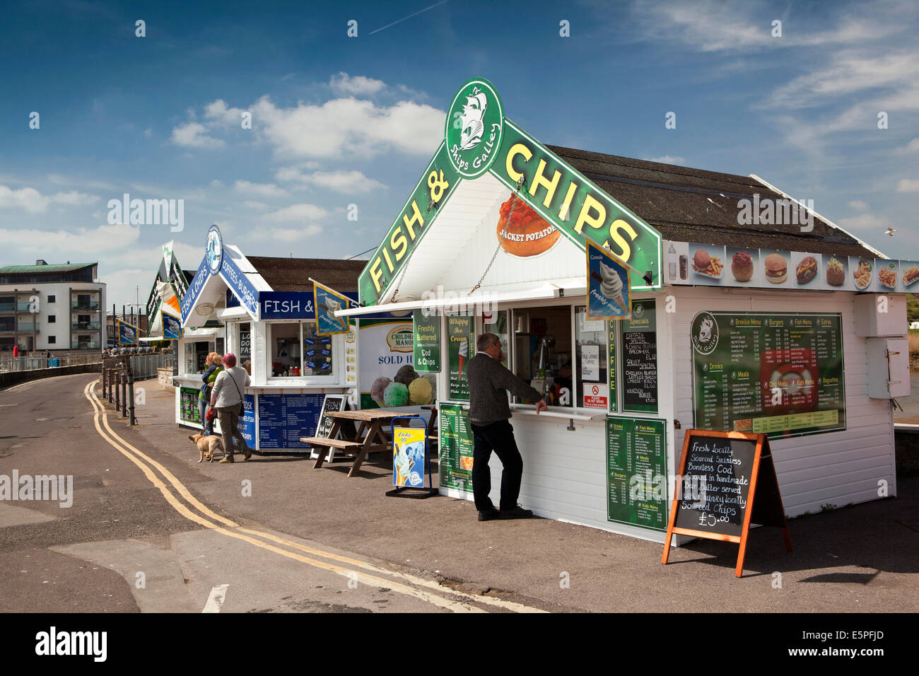 UK England, Dorset, West Bay, harbourside fish and chip stalls Stock