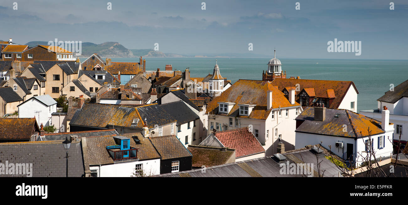 UK England, Dorset, Lyme Regis seafront skyline and view east along Jurassic Coast, panoramic Stock Photo