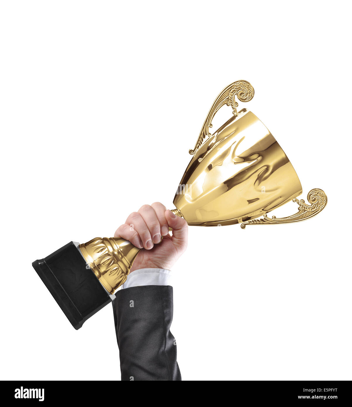 Businessman holding a champion golden trophy Stock Photo