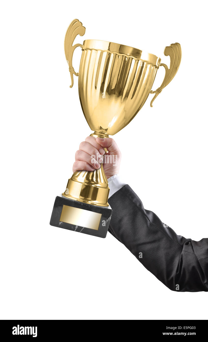 Businessman holding a champion golden trophy on white background Stock ...