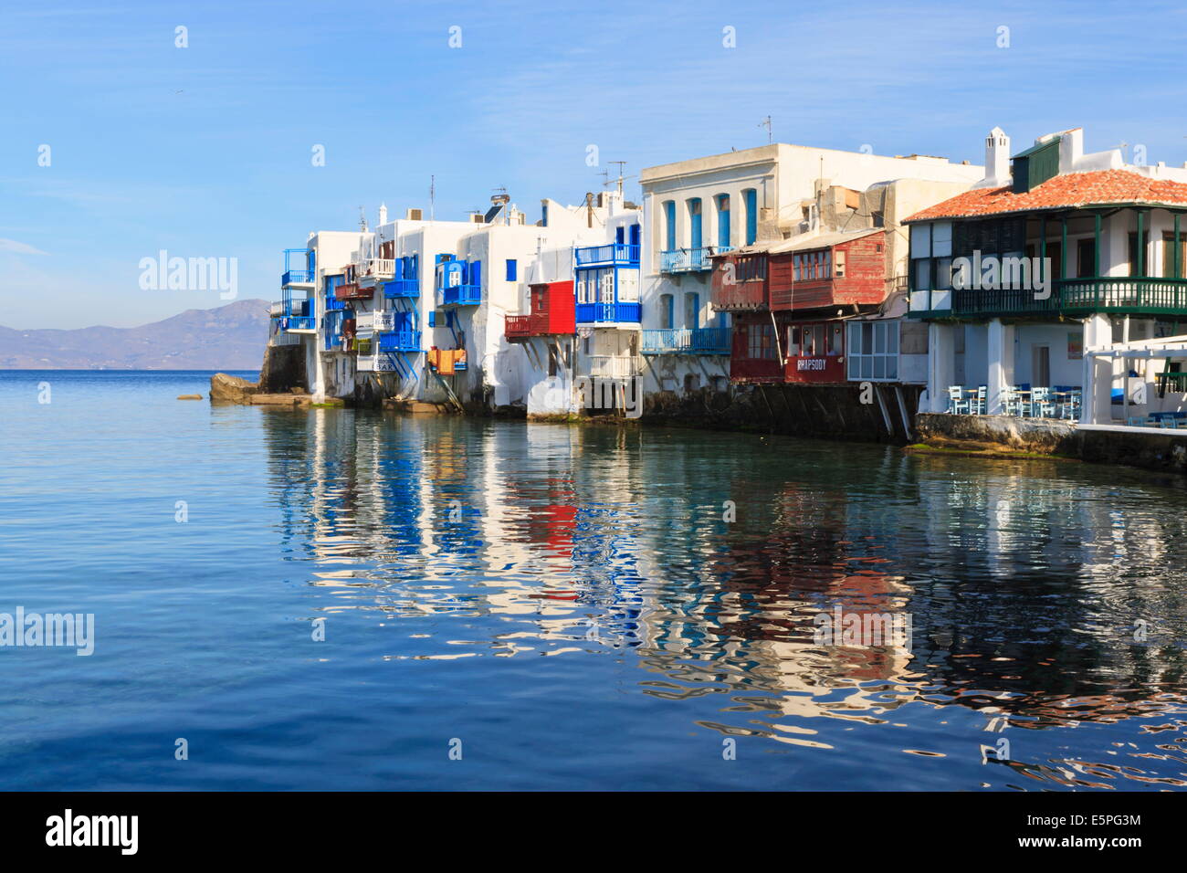 Little Venice reflections, Mykonos Town (Chora), Mykonos, Cyclades, Greek Islands, Greece, Europe Stock Photo