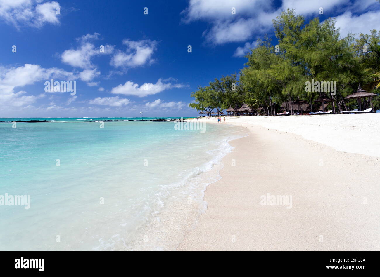 Idyllic beach scene with blue sky, aquamarine sea and soft sand, Ile Aux Cerfs, Mauritius, Indian Ocean, Africa Stock Photo