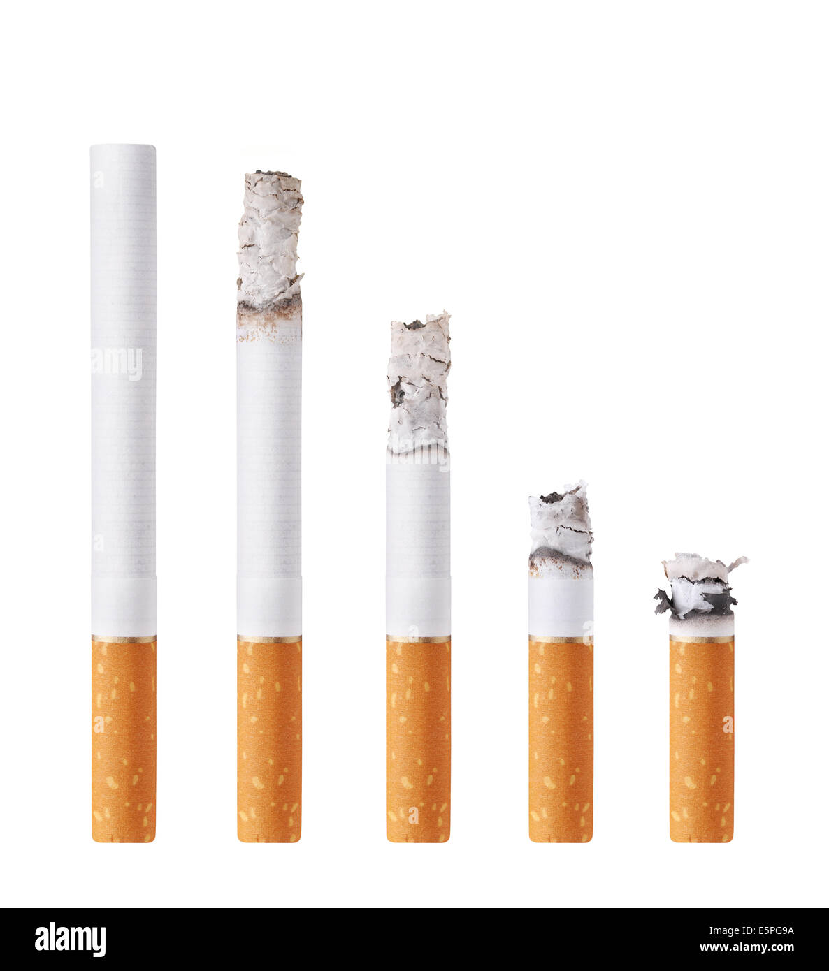 Cigarettes during different stages of burn. Isolated on white Stock