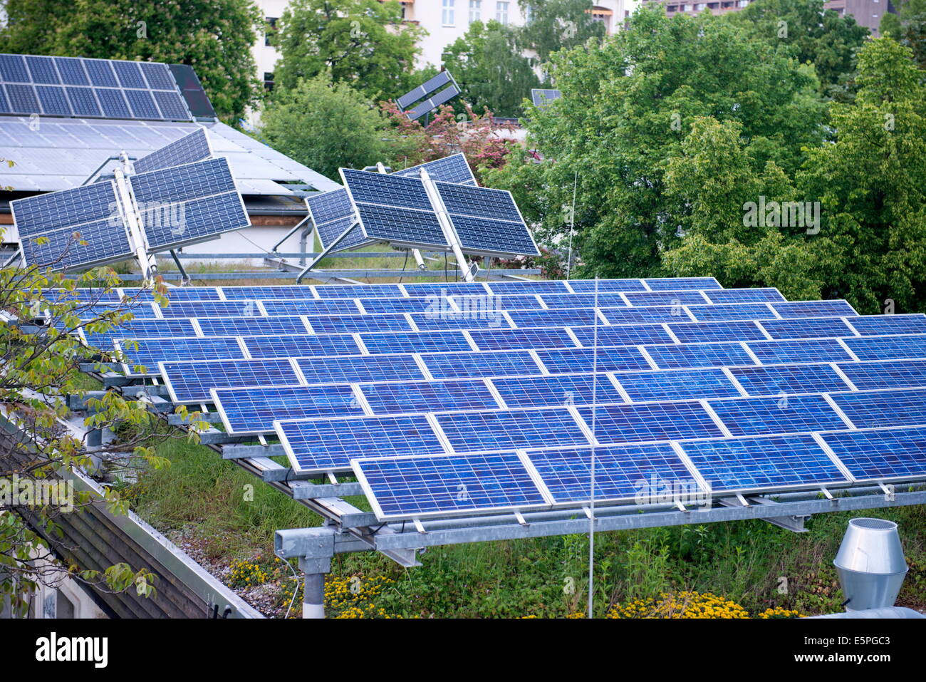 One of the first combined photovoltaic/solar panelled and green roofs built in the world, Berlin, Germany Stock Photo