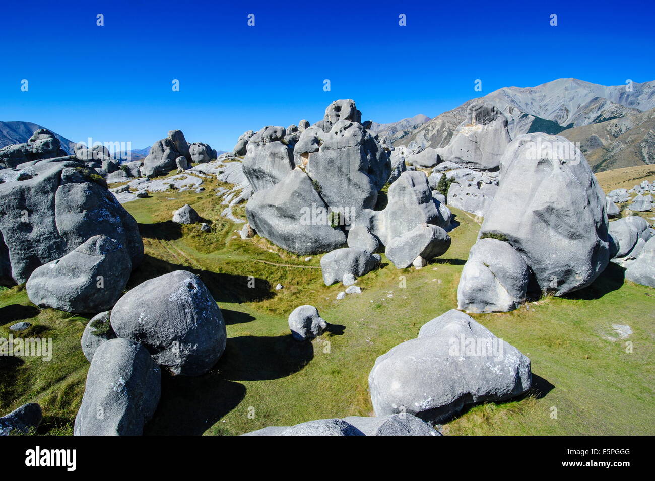 Limestone outcrops on Castle Hill, Canterbury, South Island, New Zealand, Pacific Stock Photo