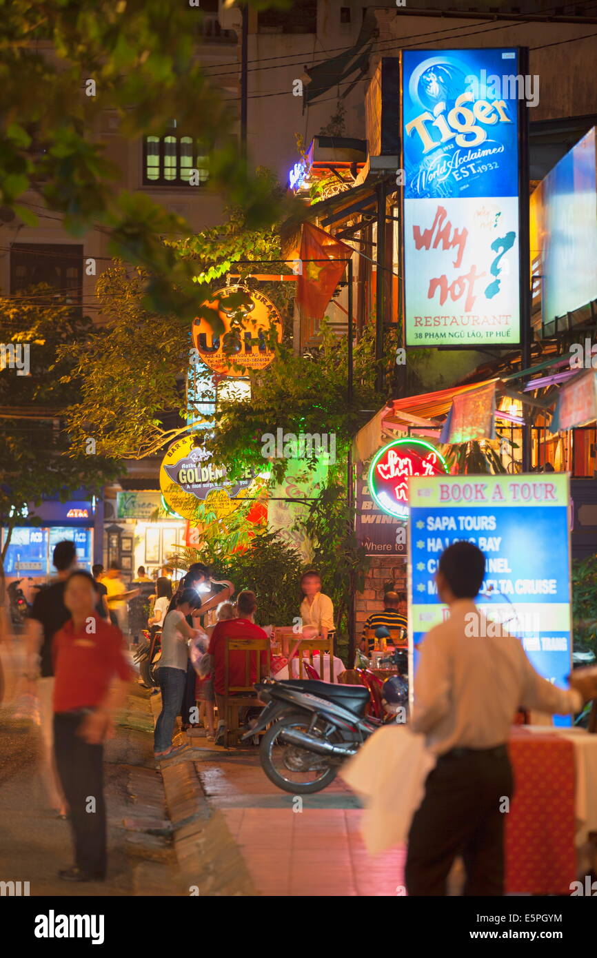 Restaurants and bars along tourist street of Pham Ngu Lao, Hue, Thua Thien-Hue, Vietnam, Indochina, Southeast Asia, Asia Stock Photo