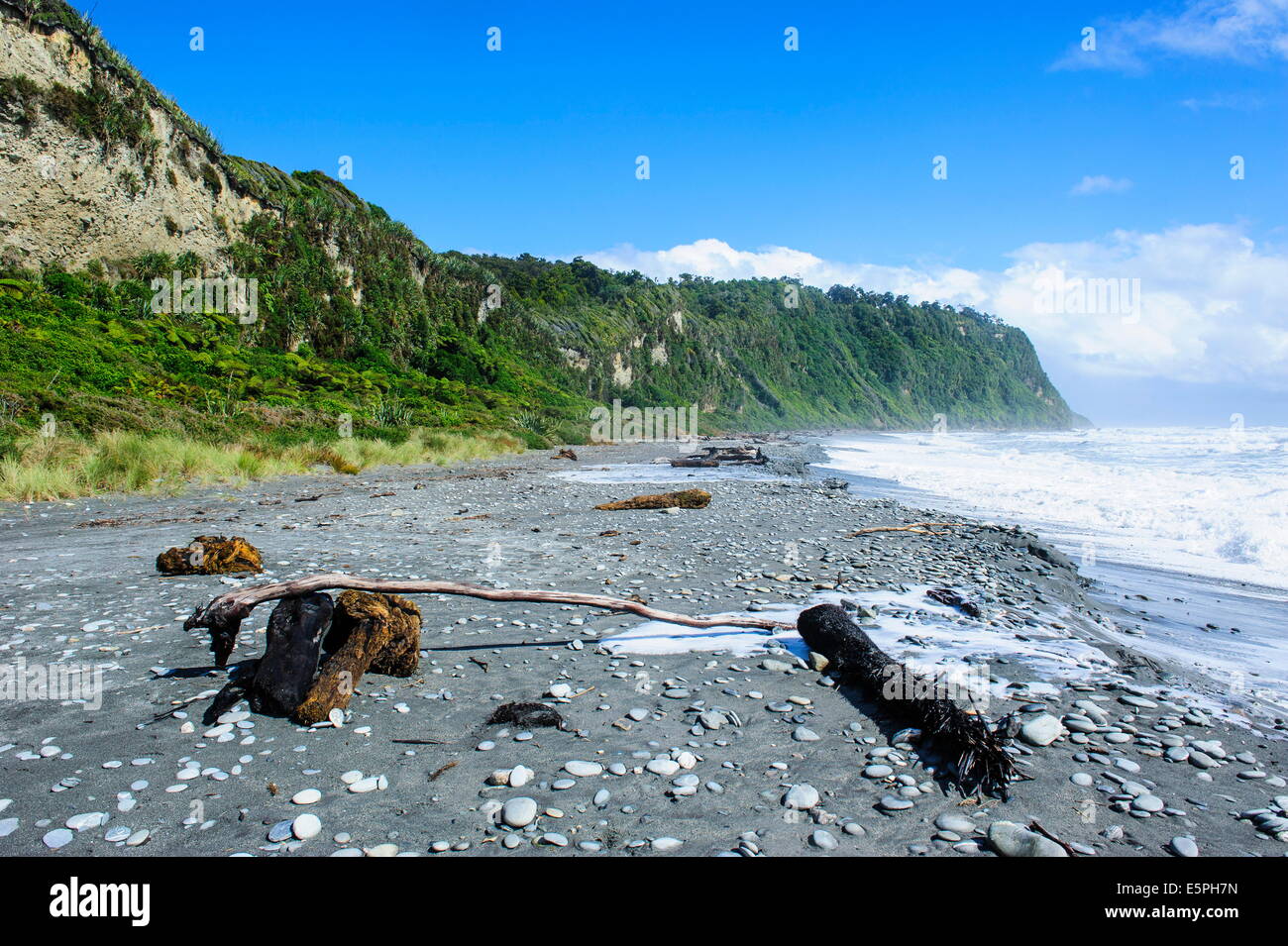 Greyrocky beach in Okarito along the road between Fox Glacier and Greymouth, South Island, New Zealand, Pacific Stock Photo