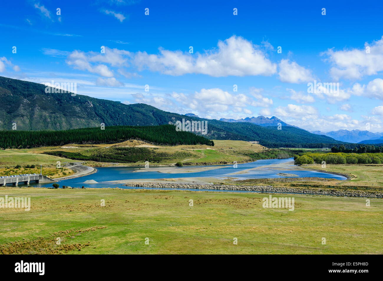 Waiau river and the southern alps along the road from Invercargill to Te Anau, South Island, New Zealand,Pacific Stock Photo