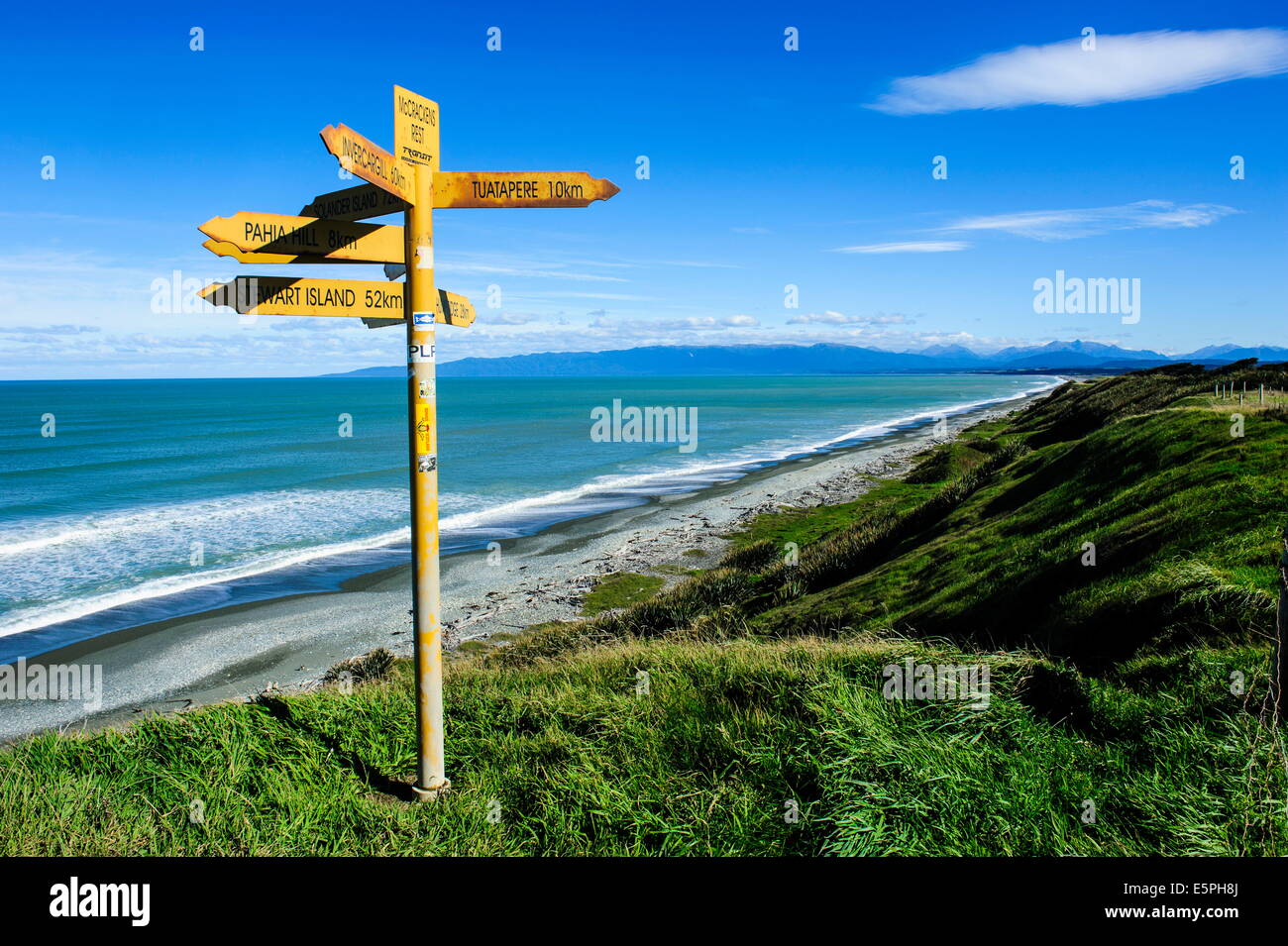 Signpost on Te Waewae Bay, along the road from Invercargill to Te Anau, South Island, New Zealand, Pacific Stock Photo
