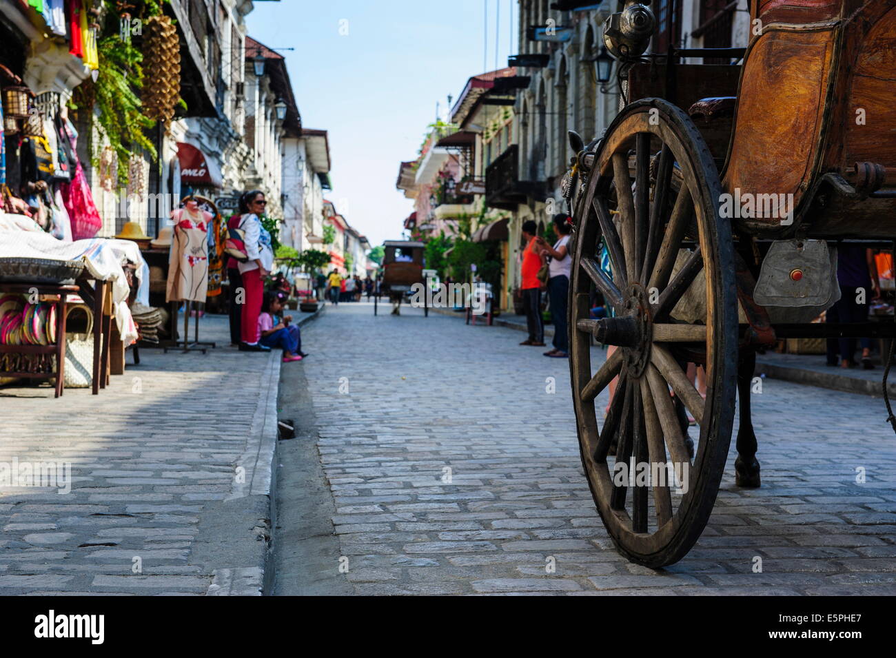 Close up of a horse cart riding through the Spanish colonial architecture, Vigan, UNESCO Site, Northern Luzon, Philippines Stock Photo