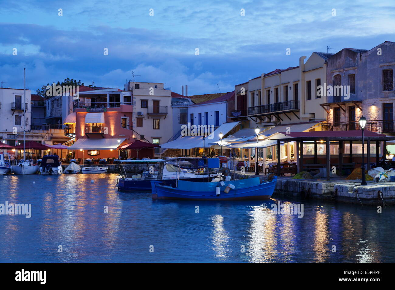 Old Venetian harbour, taverns on seaside, Rethymno, Rethymnon, Crete, Greek Islands, Greece, Europe Stock Photo