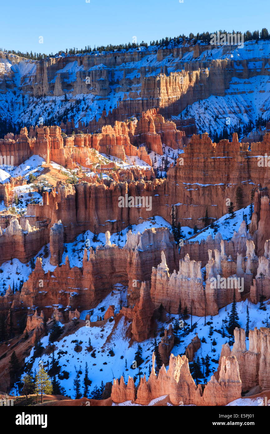 Hoodoos and snowy rim cliffs lit by late afternoon sun, winter, near Sunrise Point, Bryce Canyon National Park, Utah, USA Stock Photo