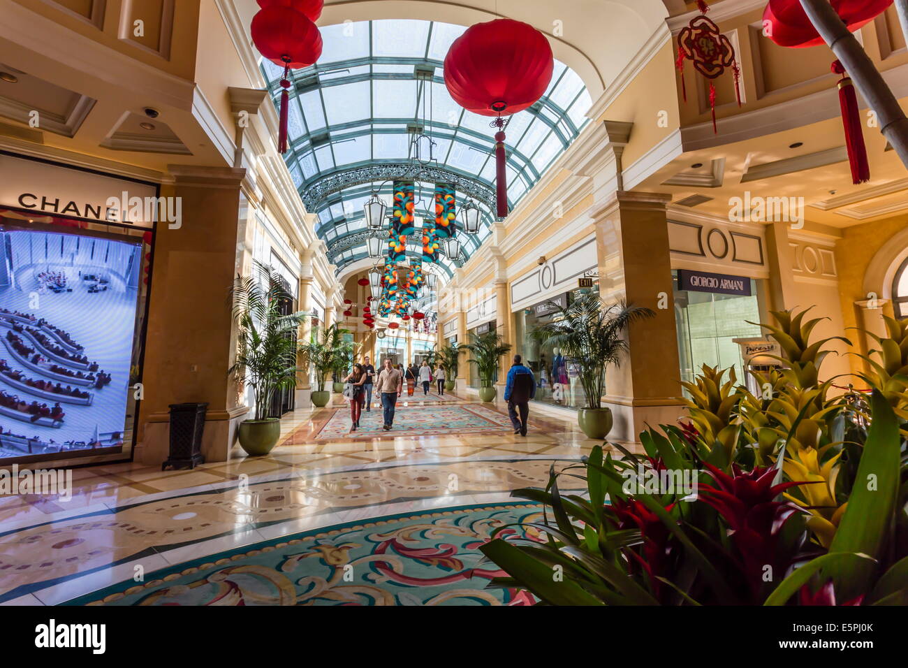 Shoppers strolling in the Via Bellagio with Chinese New Year decorations, Bellagio Hotel, Las Vegas, Nevada, USA Stock Photo