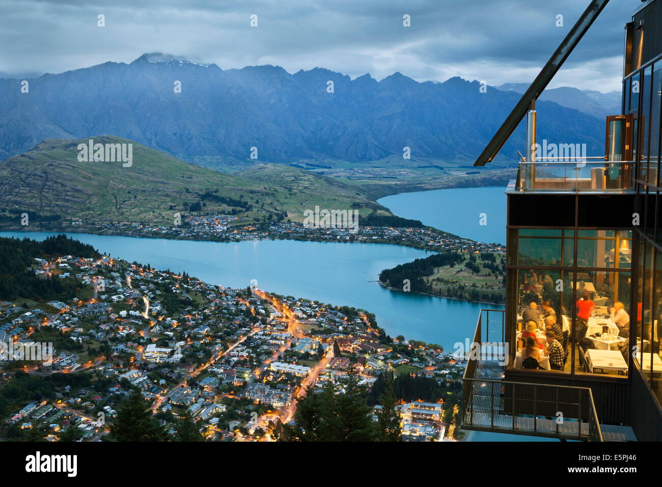 Skyline Restaurant with Lake Wakatipu and the Remarkables at dusk, Queenstown, Otago, South Island, New Zealand, Pacific Stock Photo