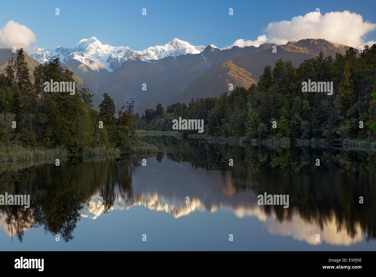 Lake Matheson with Mount Cook and Mount Tasman, West Coast, South Island, New Zealand, Pacific Stock Photo