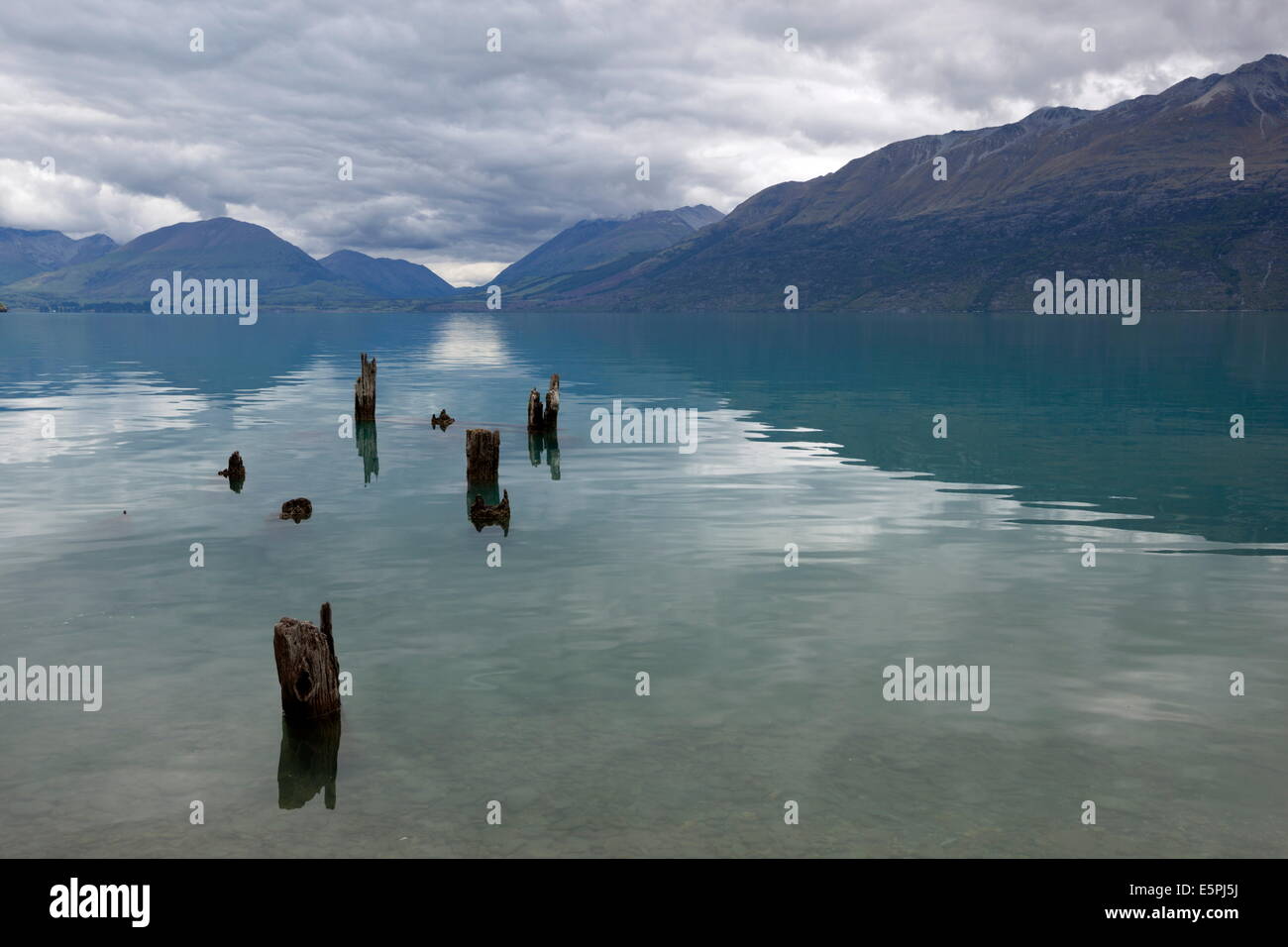 Old pier posts on Lake Wakatipu, Glenorchy, Otago, South Island, New Zealand, Pacific Stock Photo