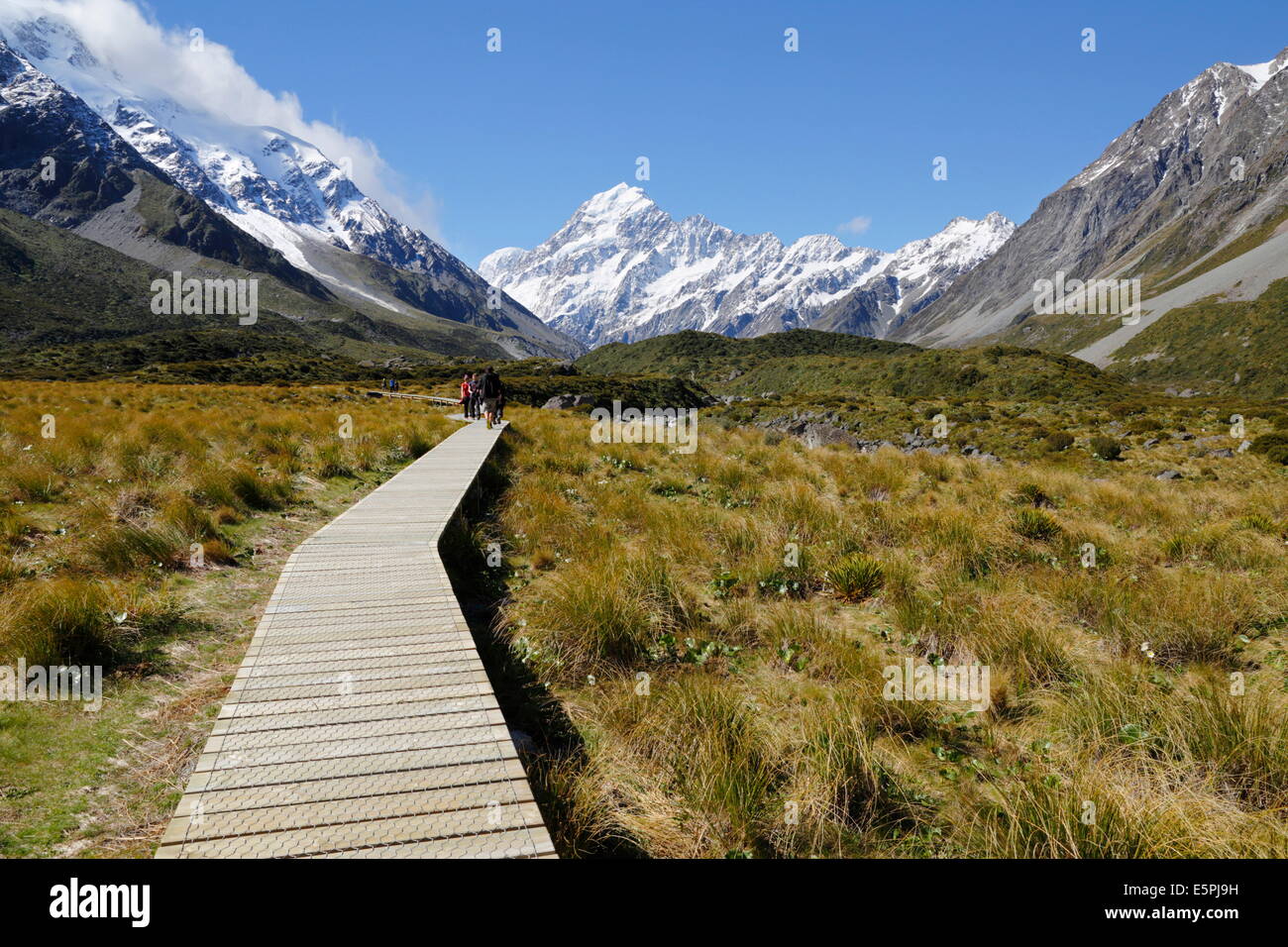 Boardwalk on Hooker Valley Trail, Mount Cook National Park, UNESCO Site, Canterbury region, South Island, New Zealand Stock Photo