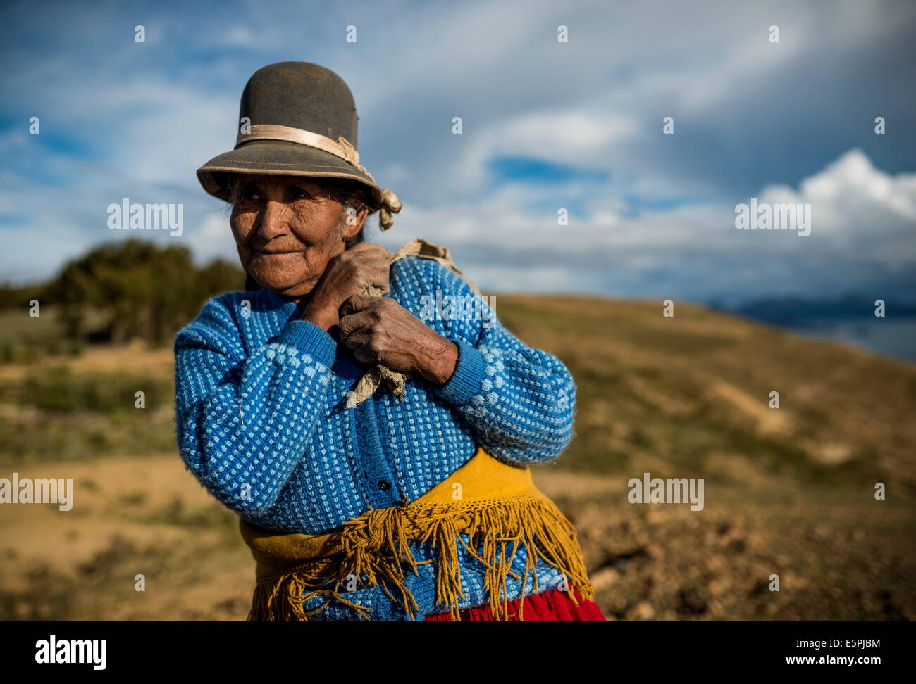 Portrait of local Bolivian woman, Isla del Sol, Lake Titicaca, Bolivia, South America Stock Photo