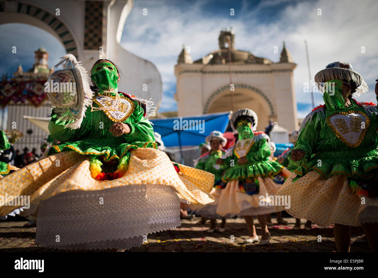 Dancers in traditional costume, Fiesta de la Virgen de la Candelaria, Copacabana, Lake Titicaca, Bolivia, South America Stock Photo