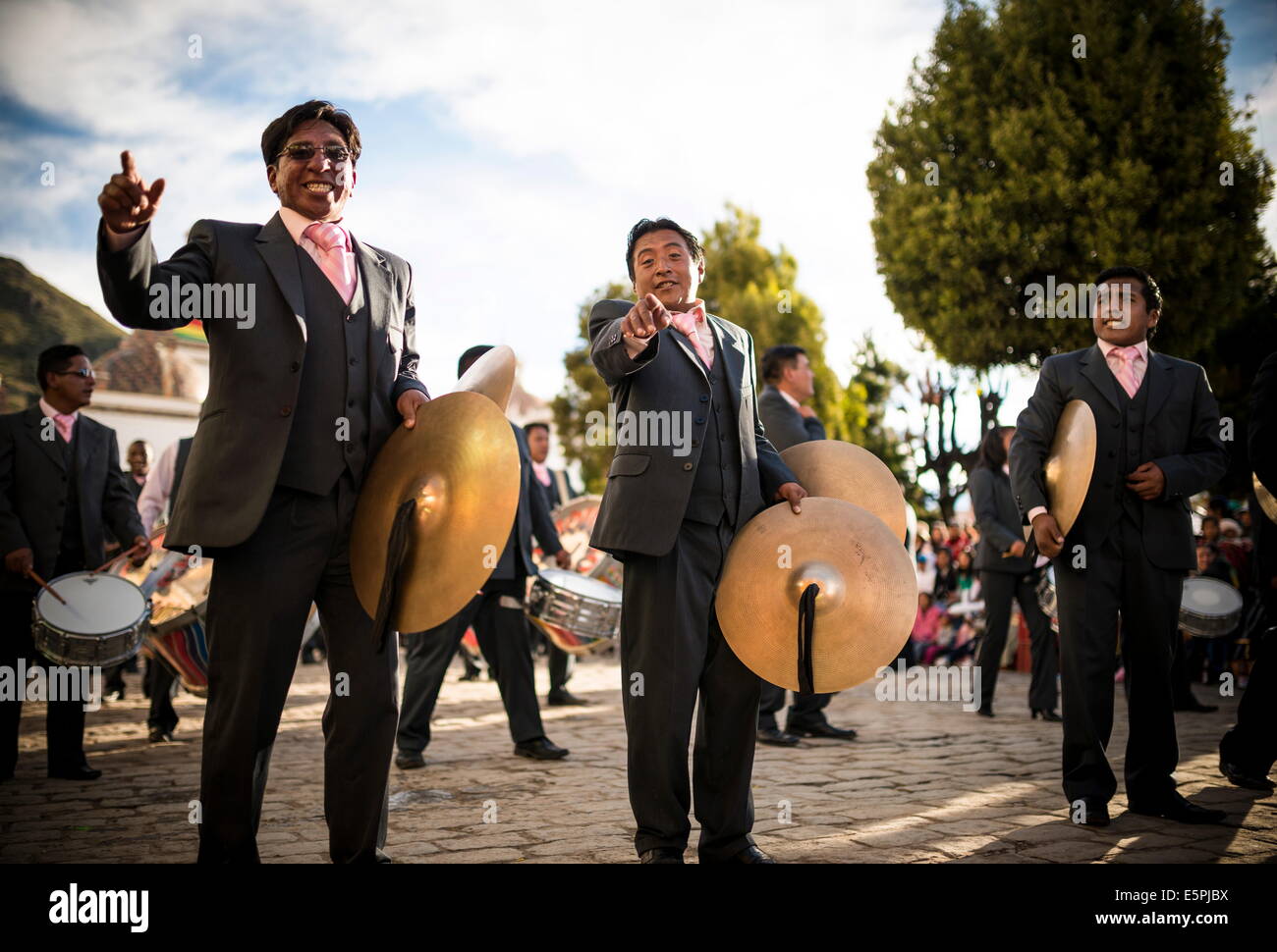 Musicians, Fiesta de la Virgen de la Candelaria, Copacabana, Lake Titicaca, Bolivia, South America Stock Photo