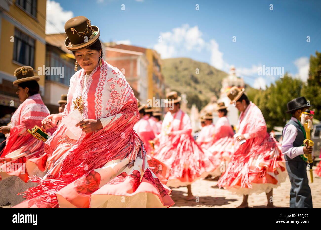 Dancers in traditional dress, Fiesta de la Virgen de la Candelaria, Copacabana, Lake Titicaca, Bolivia, South America Stock Photo