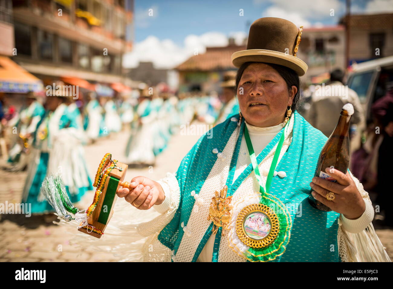 Dancers in traditional dress, Fiesta de la Virgen de la Candelaria, Copacabana, Lake Titicaca, Bolivia, South America Stock Photo