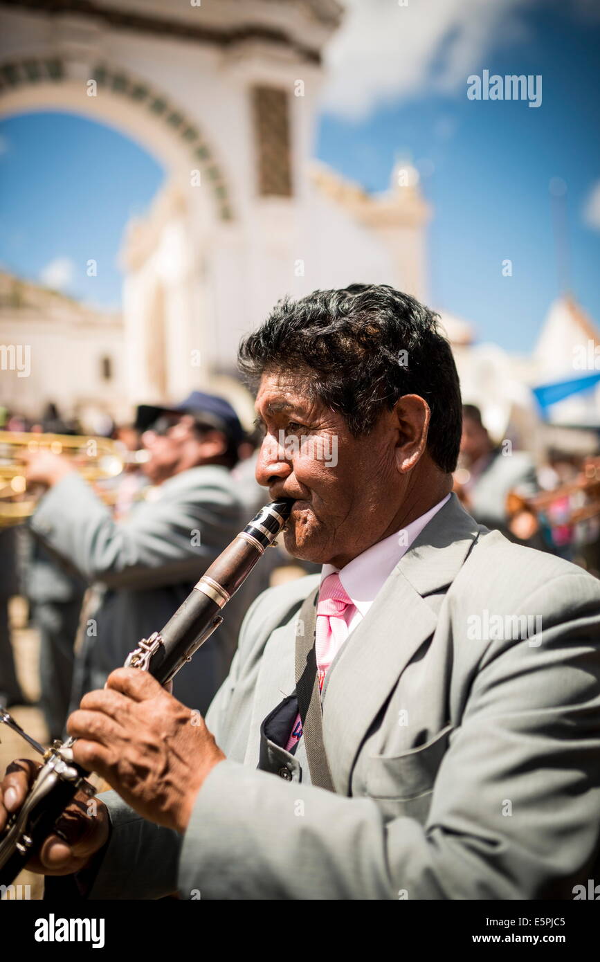 Musicians, Fiesta de la Virgen de la Candelaria, Copacabana, Lake Titicaca, Bolivia, South America Stock Photo