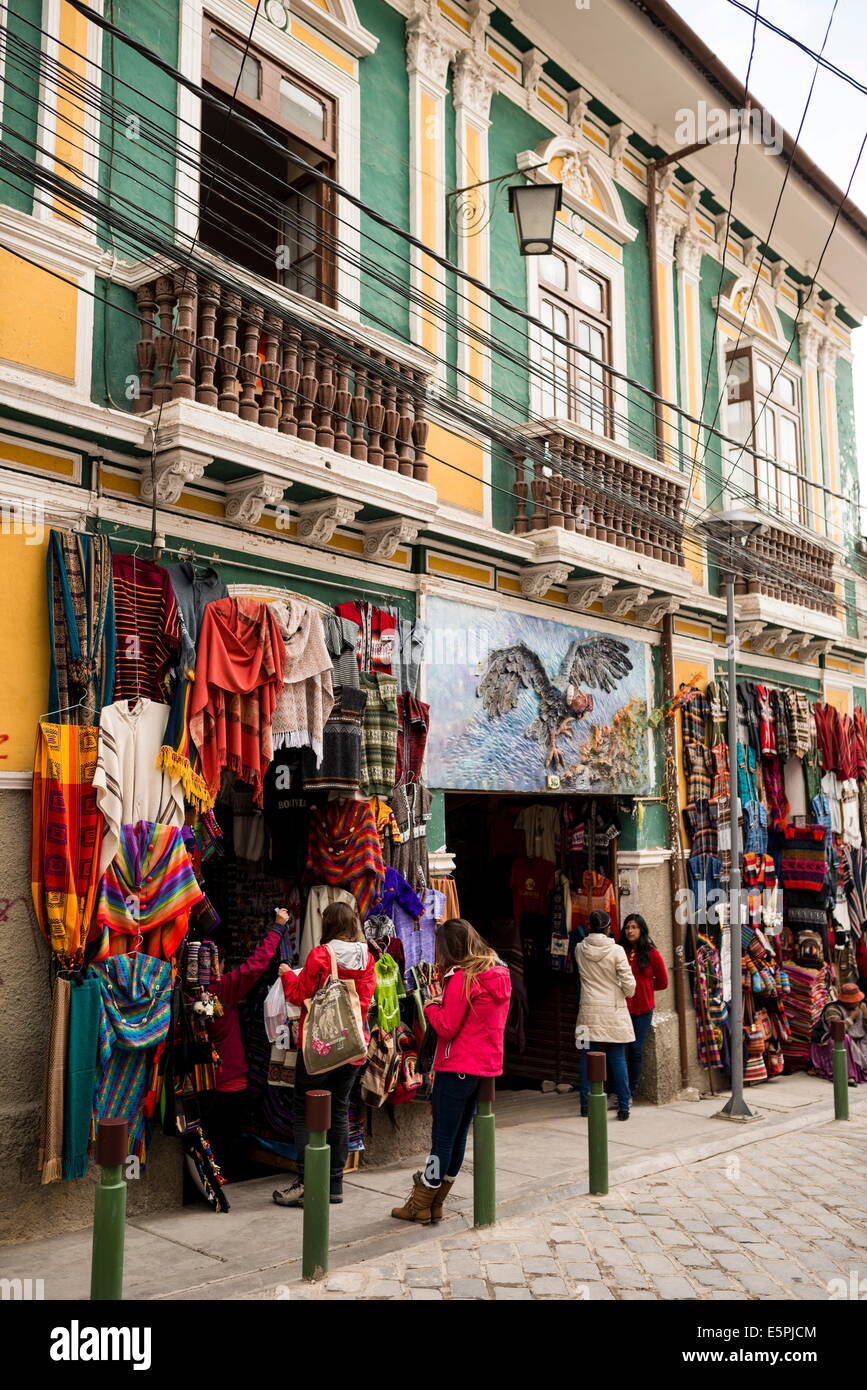 Textile shops, La Paz, Bolivia, South America Stock Photo