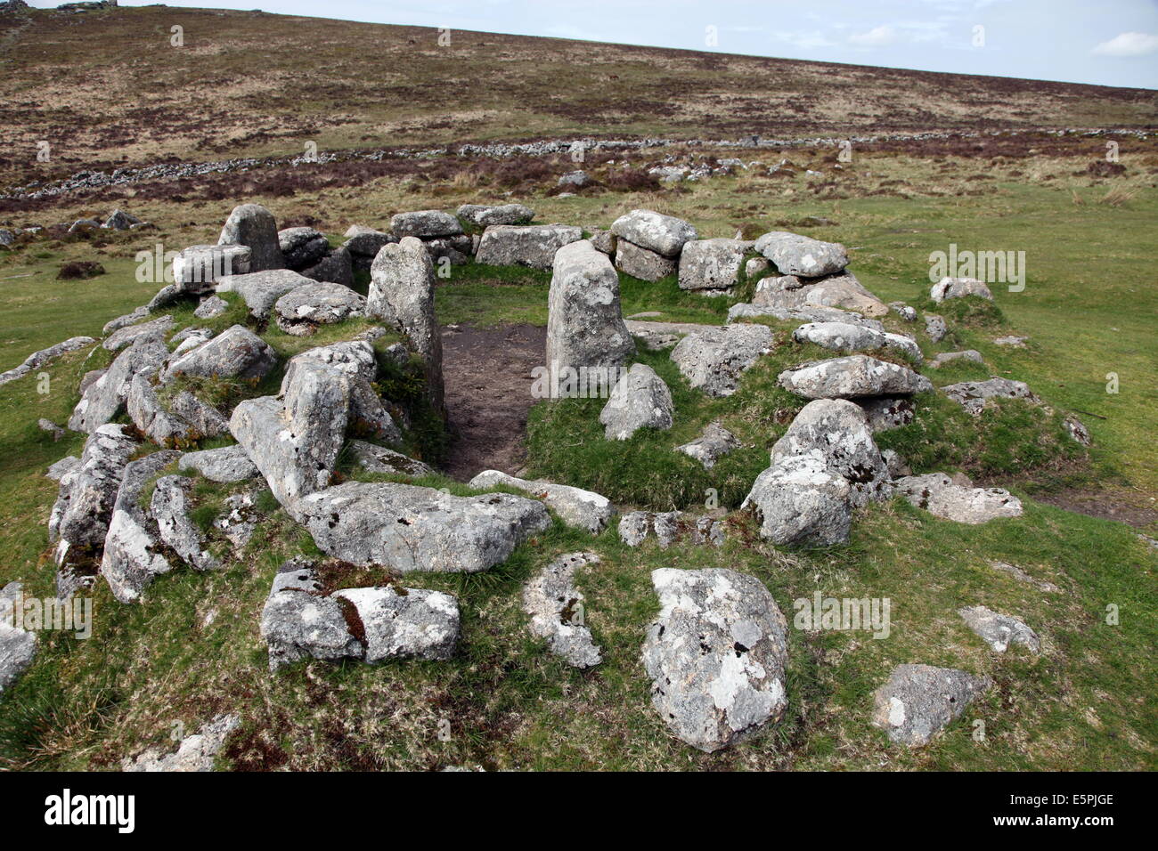 Ruins of early Bronze Age house, about 3500 years old, Grimspound, Dartmoor National Park, Devon, England, United Kingdom Stock Photo