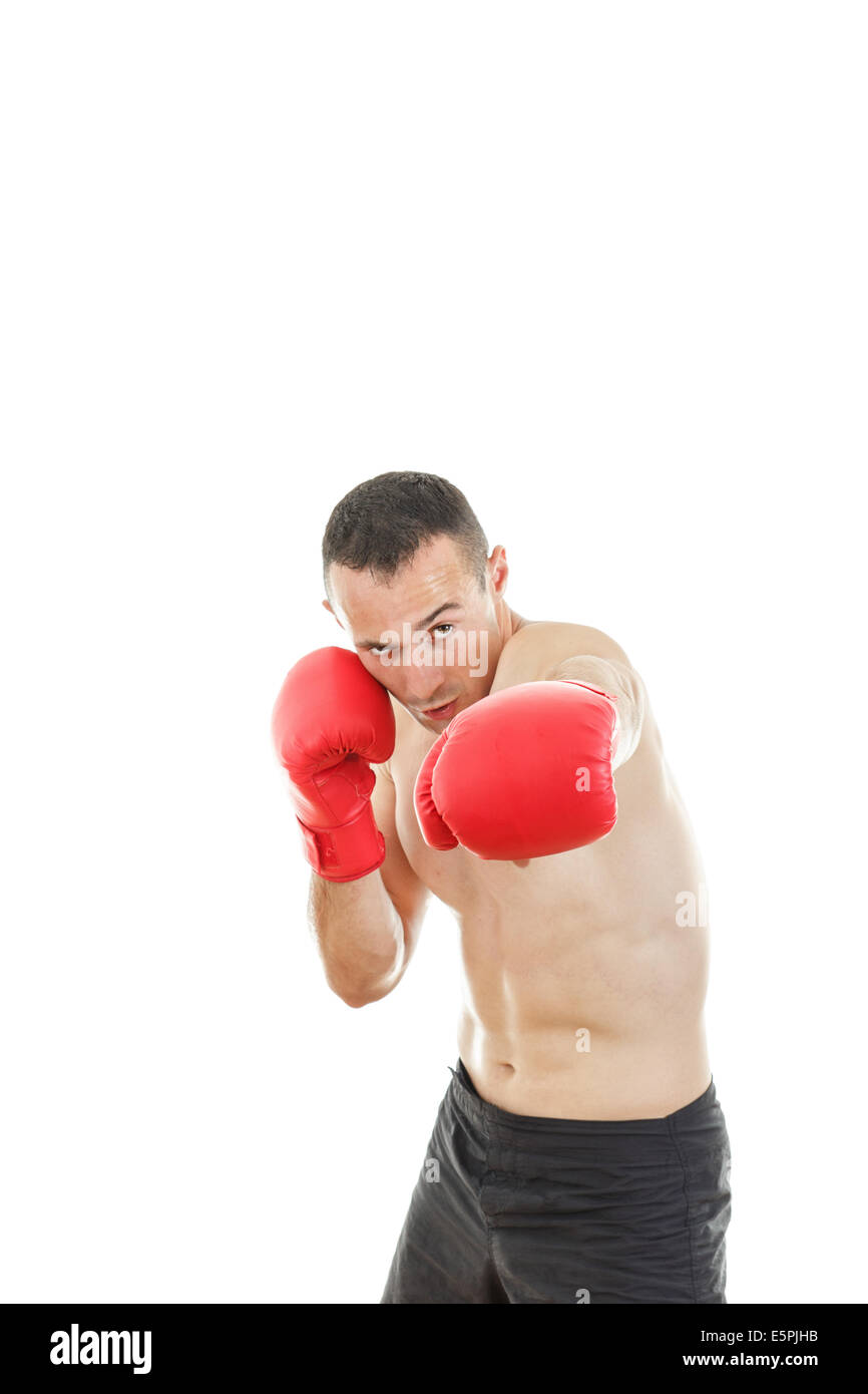 Fitness boxer boxing. Man punching with red boxing gloves isolated on white background. Fit