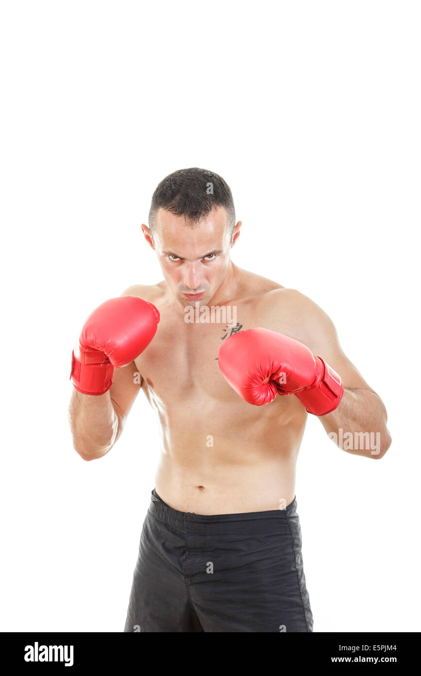 Handsome muscular male boxer ready to fight with boxing gloves in a