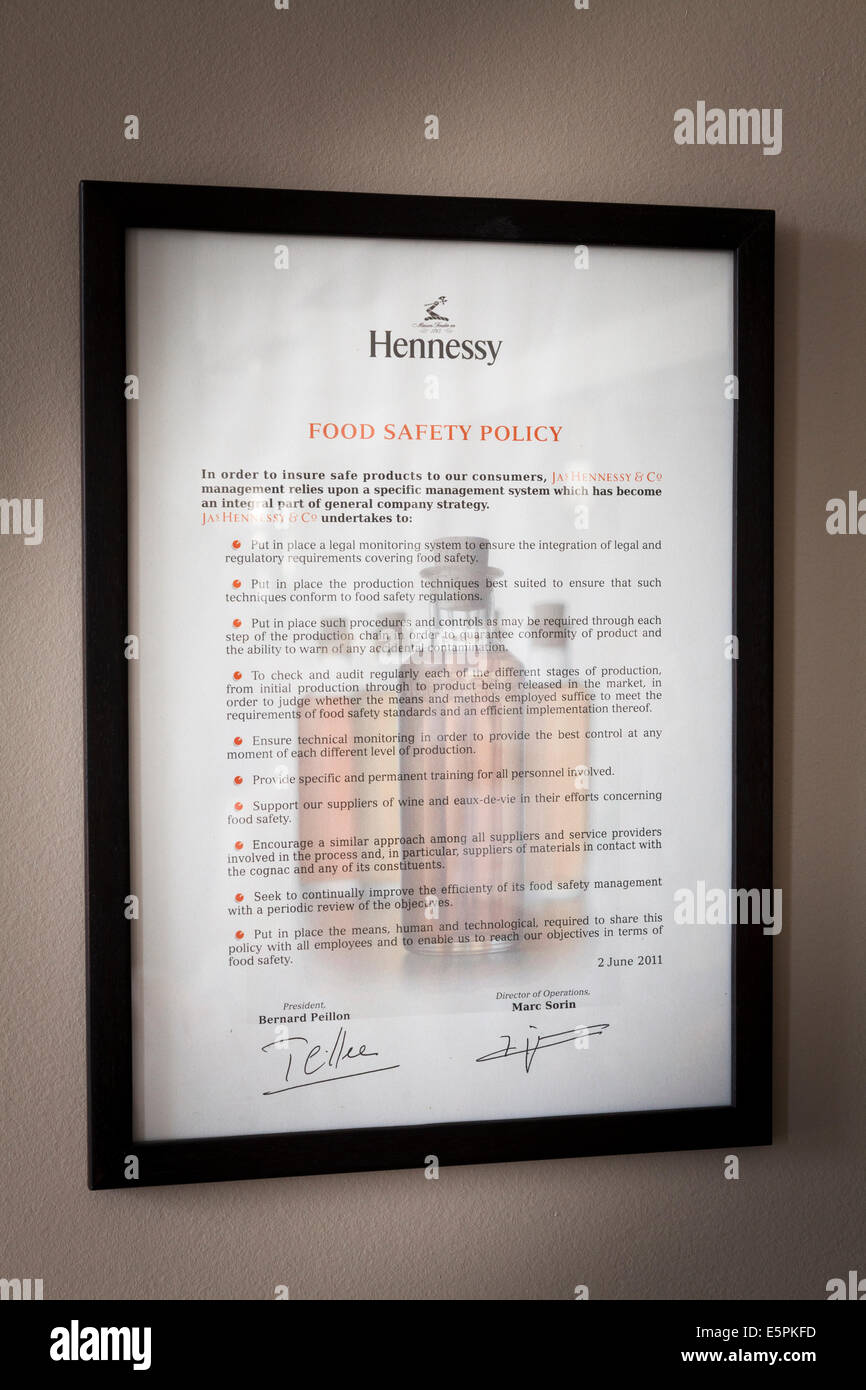 Hennessy food safety policy notice Stock Photo