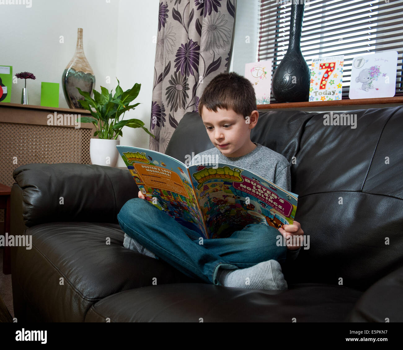 Boy reading comic book on sofa Stock Photo