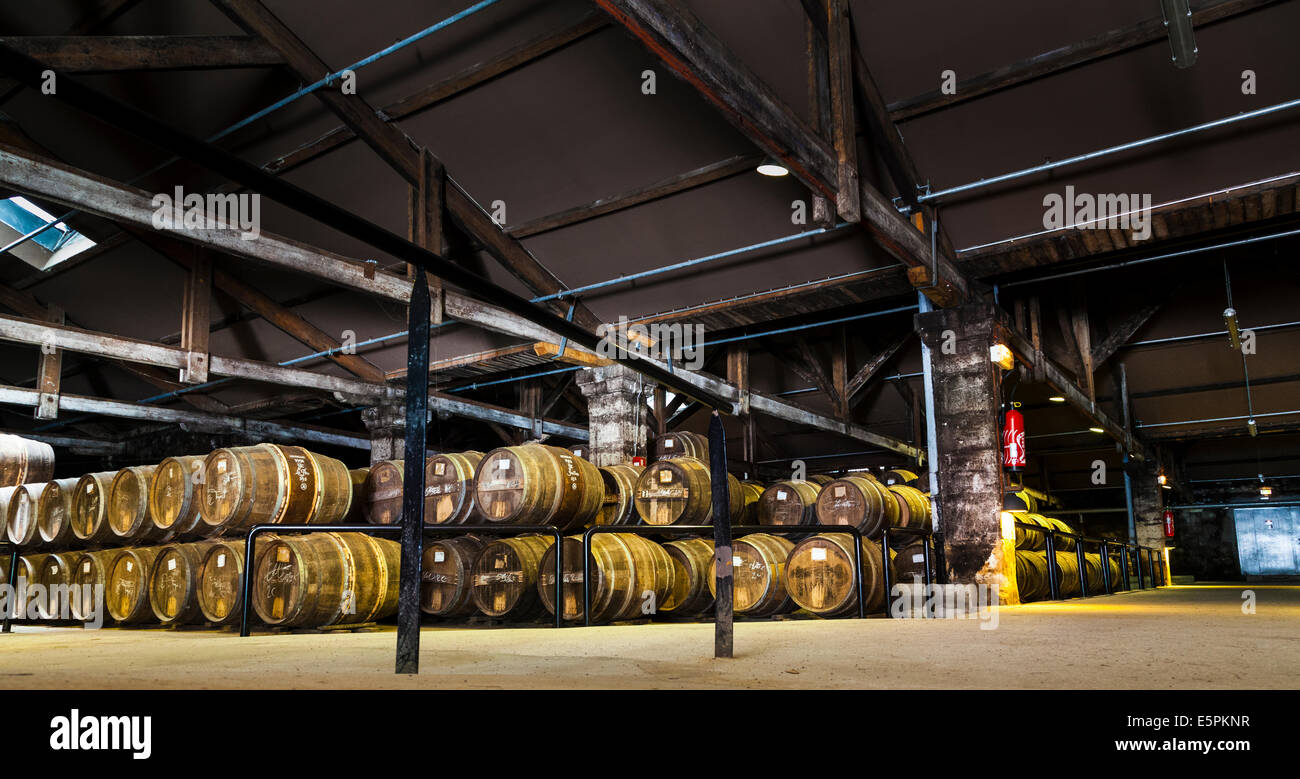 Hennessy ageing warehouse where the eaux-de-vie are stored in oak barrels to mature before blending. Stock Photo