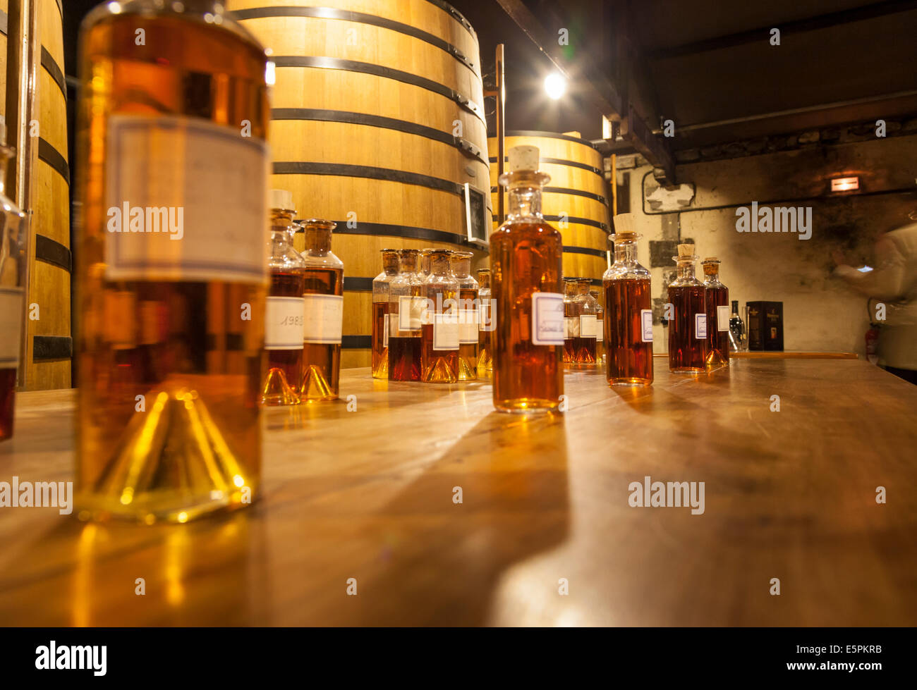 Display of the eaux-de-vie selected for blending by the master blender and his tasting committee Stock Photo