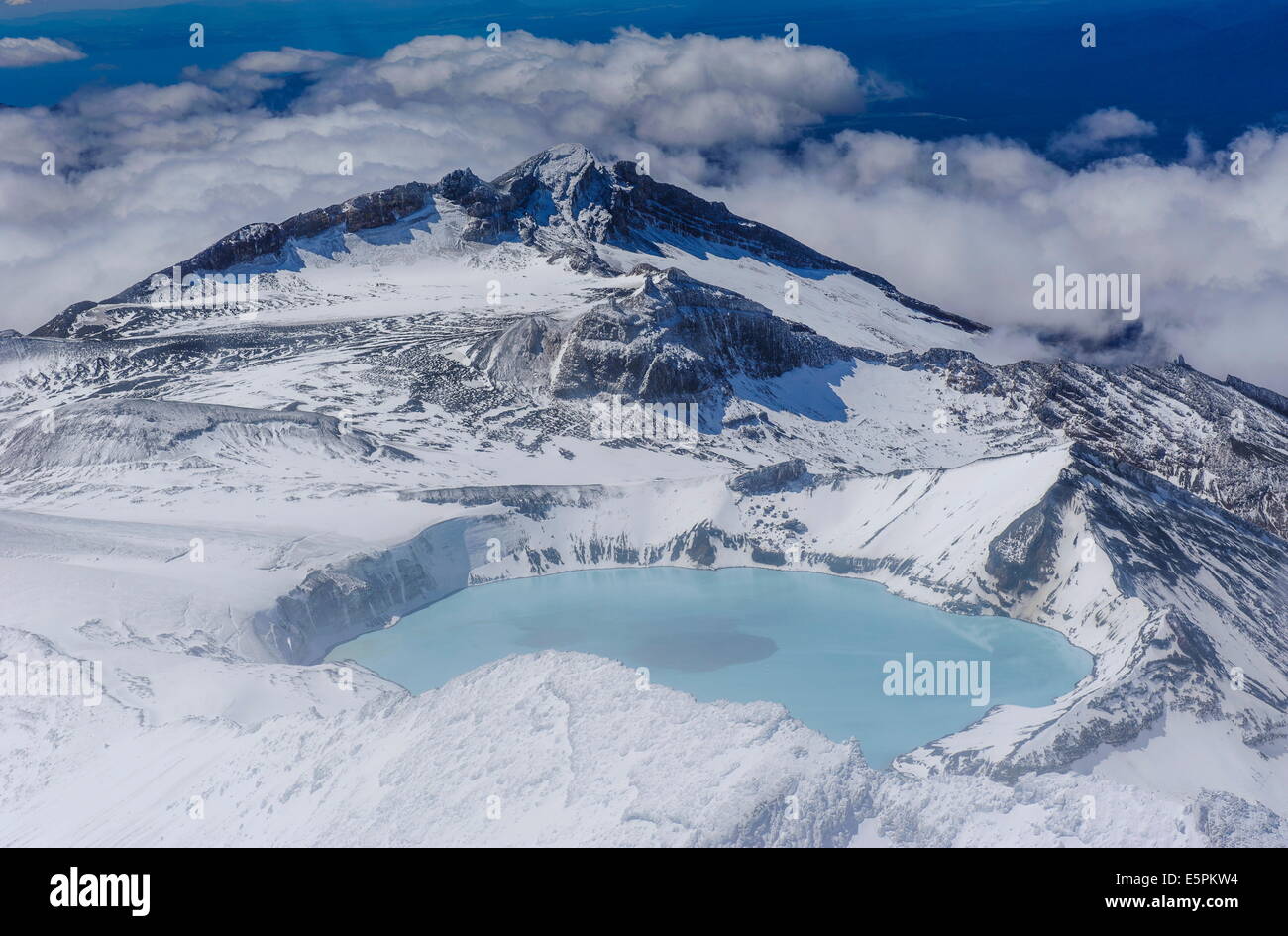 Aerial of a tuquoise crater lake on top of Mount Ruapehu, Tongariro National Park, UNESCO Site, North Island, New Zealand Stock Photo