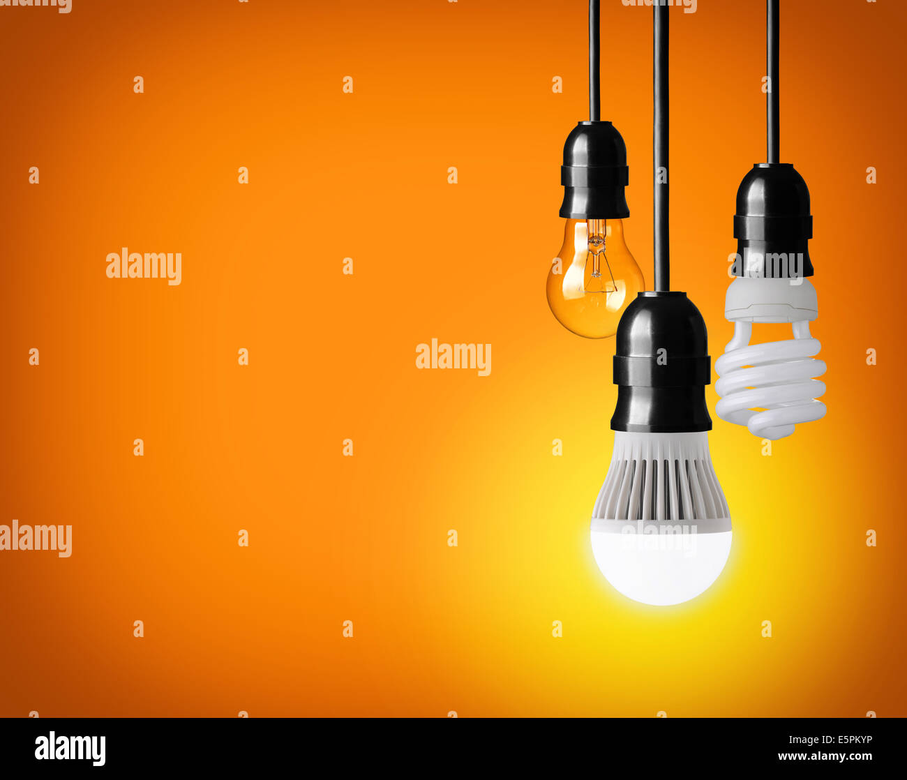 hanging tungsten light bulb, energy saving and LED bulb Stock Photo