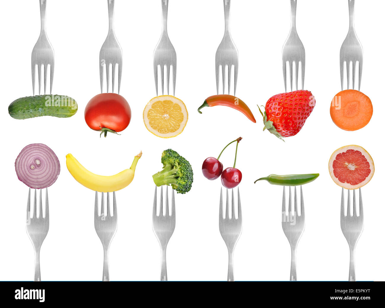 vegetables and fruits on the collection of forks, diet concept Stock Photo
