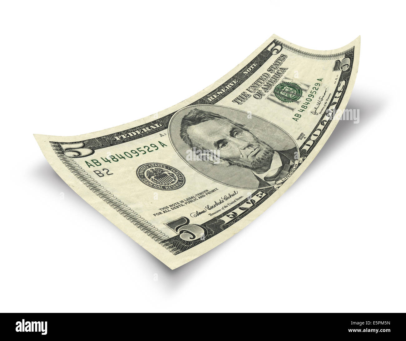 five dollar banknote isolated on white background Stock Photo