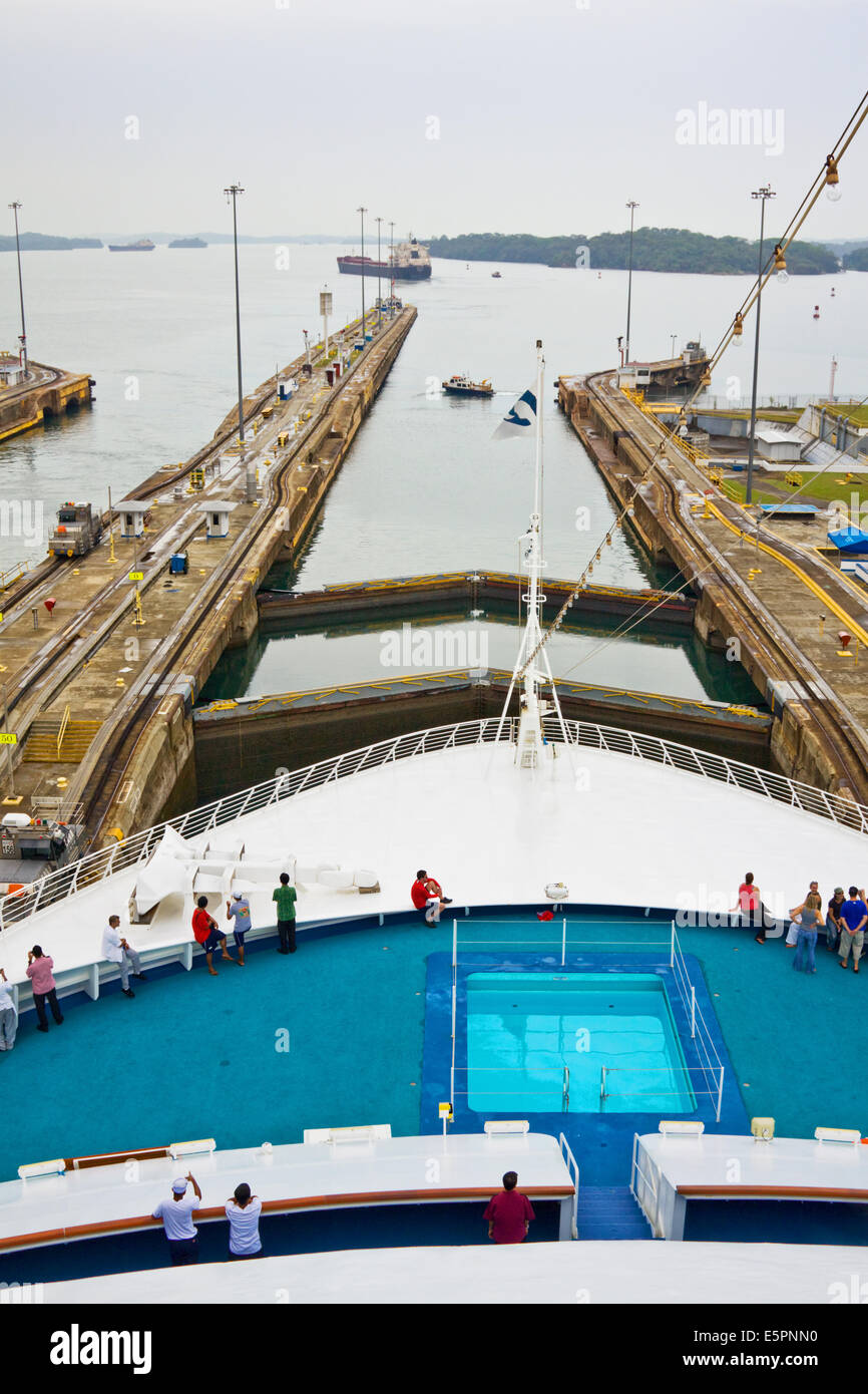 Cruise ship in Gatun lock below Gatun Lake, Panama Canal Stock Photo ...