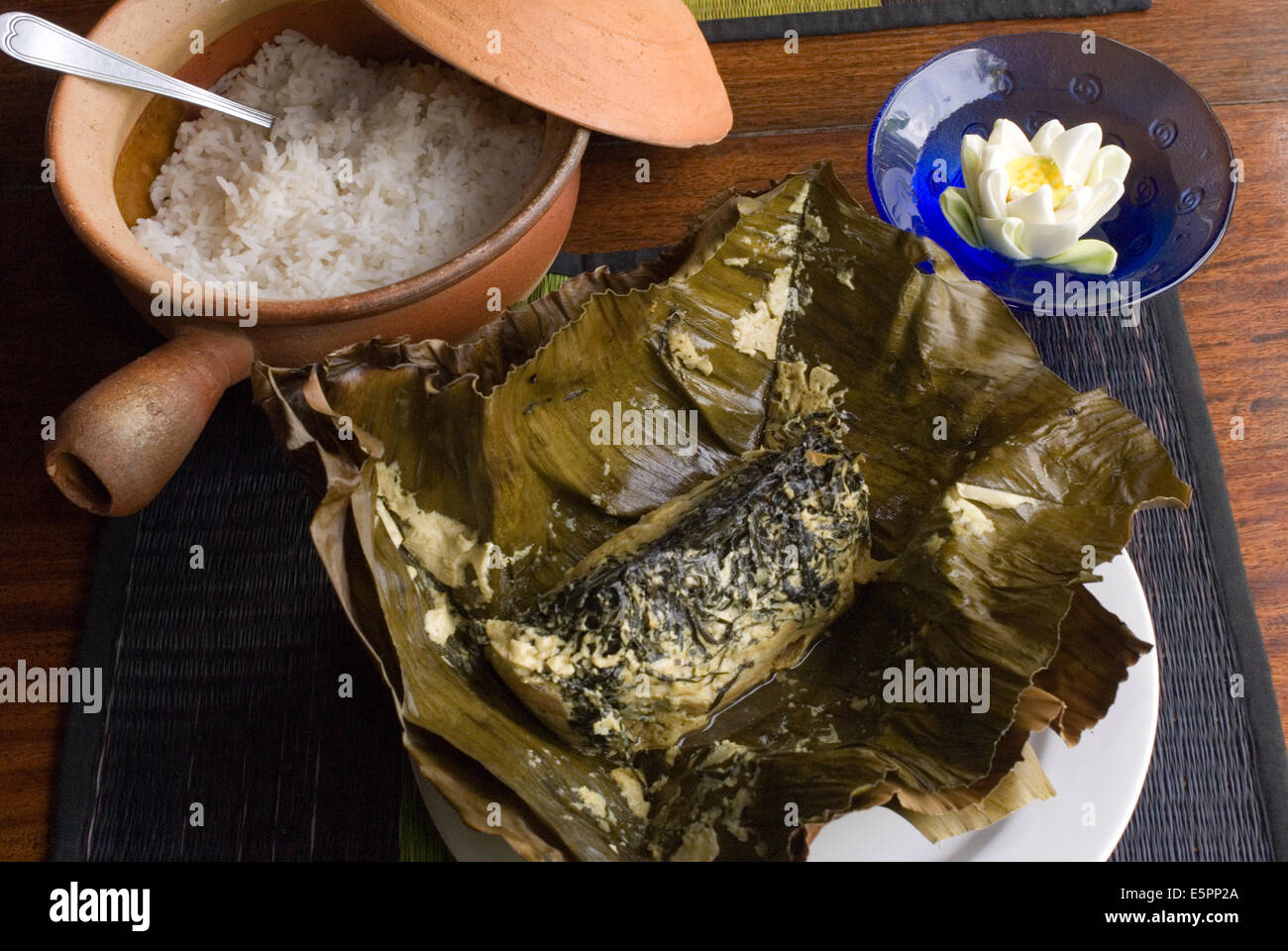 Typical cambodian food: Amok fish. Cambodia. Siem Reap. Individual portion of Fish Amok Cambodian cuisine Stock Photo