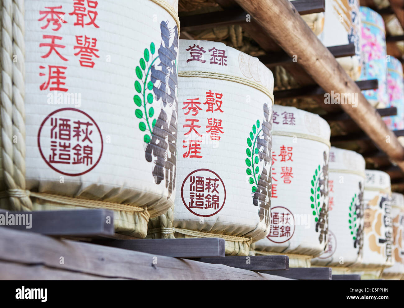 Decorative Sake Barrels at a Japanese Shrine. Stock Photo