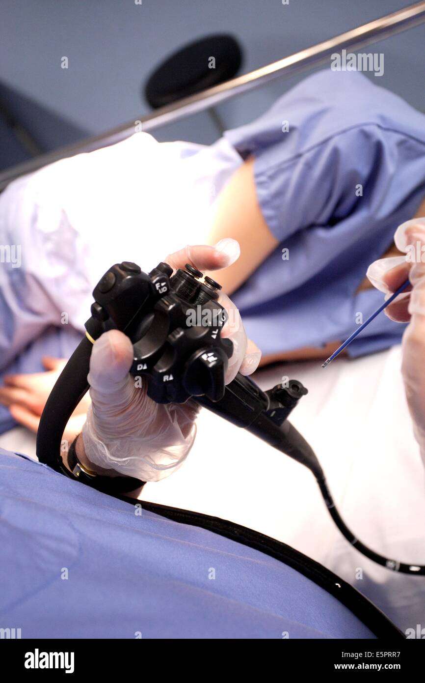 Gastroenterologist performing a gastrointestinal fiberoptic endoscopy, He inserts in the fiberoptic endoscope a polypus forceps Stock Photo
